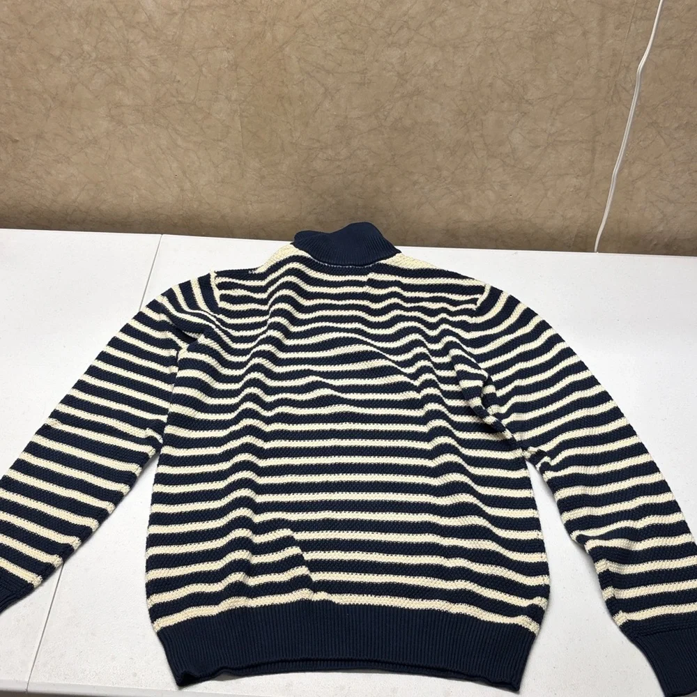 Schott Striped Waffle Weave 1/4 Zip Sweater Men's Small Navy & Cream 100% Cotton